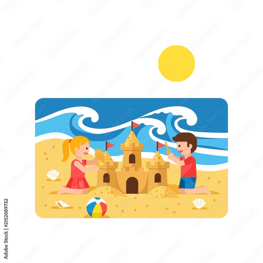 Naklejka premium Children Building Sandcastle on Beach with Ocean Waves and Sun