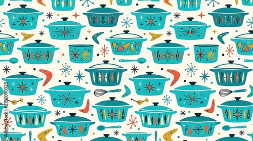 Mid century modern kitchenware seamless pattern with turquoise pots