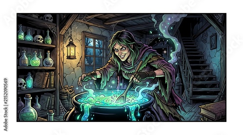 Wicked witch brewing a glowing magic potion in a dark spooky workshop
