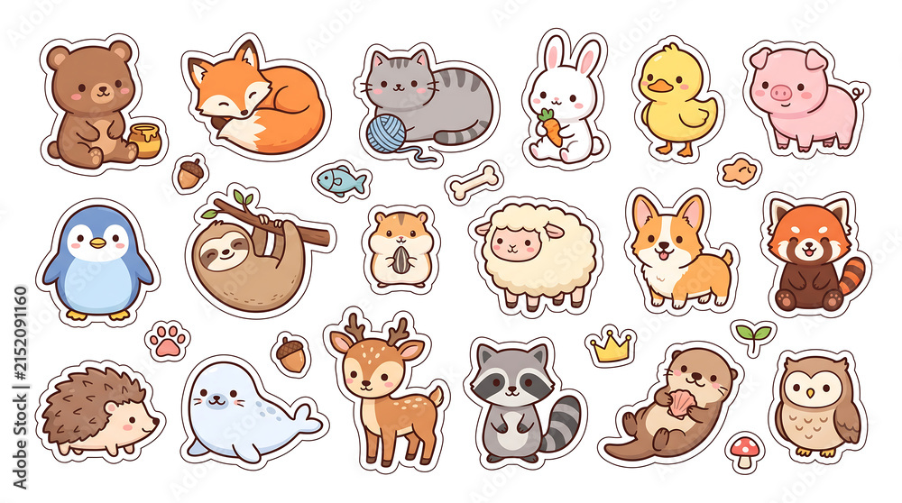 Obraz premium Collection of cute animals birds and insects stickers for kids education back to school and nature outdoors
