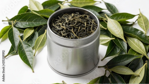 Dried green tea leaves in a metal tin container surrounded by fresh tea leaves on white