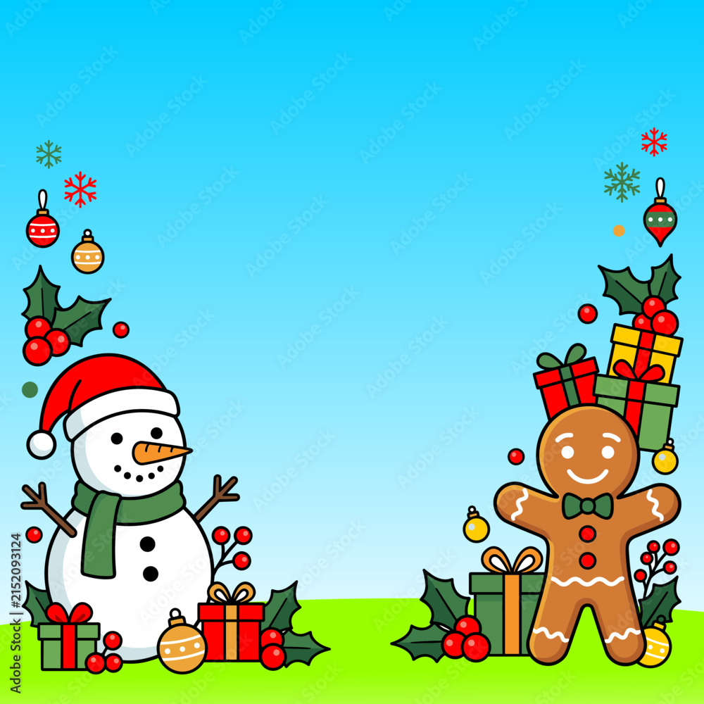 Fototapeta premium Christmas Background with Snowman Gingerbread Man and Copy Space