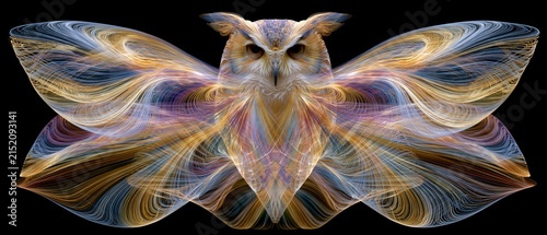 Futuristic owl with abstract glowing energy wings on black background