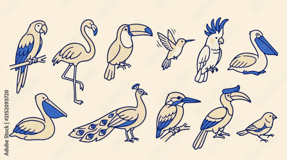 Obraz premium Hand-drawn tropical bird icons, set of 11 exotic avian vector illustrations, blue and cream wildlife sketches for branding and stationery