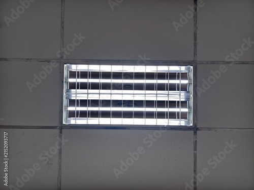 Fotografie Fluorescent ceiling louver light fixture installed on modular office acoustic tiles