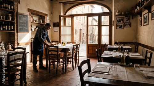 Tuscan Trattoria Preparation: A seasoned restaurateur meticulously arranges tables in a cozy, sun-drenched trattoria, preparing for a day of authentic Italian hospitality.