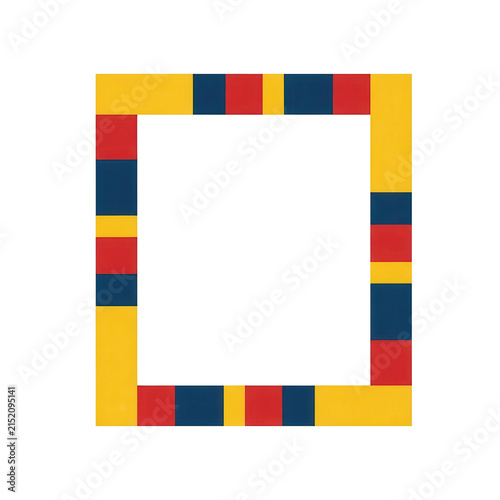 Colorful geometric border with yellow red and blue blocks isolated on white background.