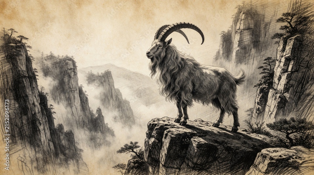 Naklejka premium Pencil sketch style art shows a goat standing on cliff edge. Misty mountains rise in background. Traditional chinese ink wash painting effect. Nature, wildlife, fantasy theme.