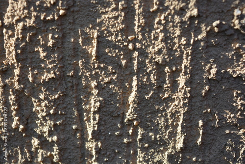 Construction materials, materials for finishing walls. Bark beetle, shirpa sand on a wall painted with brownish-gray paint, reliefs, recesses, bulges.