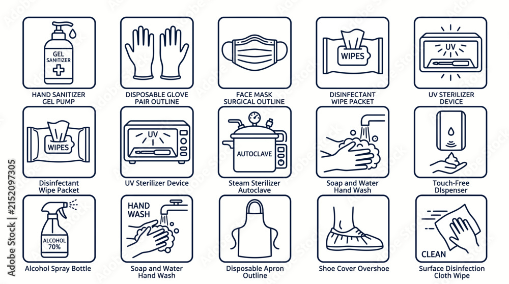 Fototapeta premium Set of Hygiene and Sanitation Icons for Health and Safety.