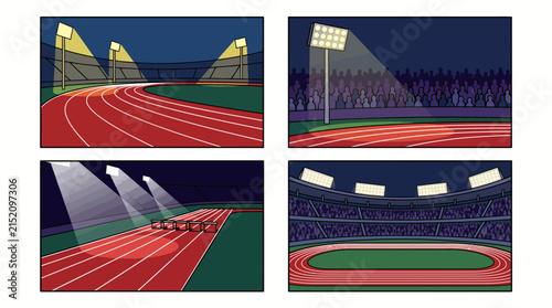 Set of illustrations depicting athletic stadium tracks at night under bright floodlights.