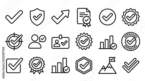 Set of check mark and approval icons in thin line style