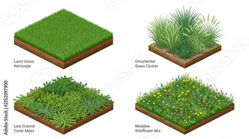 Set of Isometric Tiles Featuring Different Types of Grass and Wildflower Ground Cover.