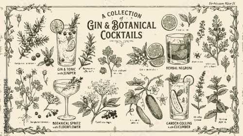 Hand Drawn Illustration Collection of Gin and Botanical Cocktails.