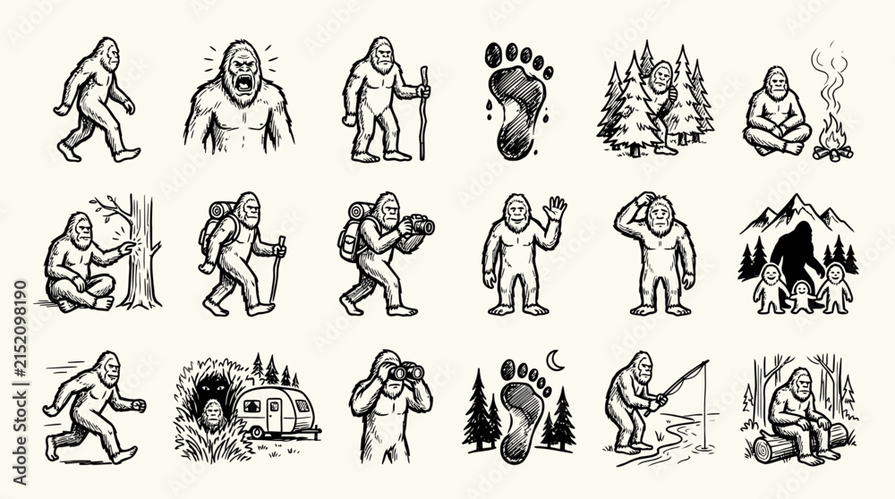 Obraz premium Set of Bigfoot Sasquatch character illustrations in hand drawn sketch style.