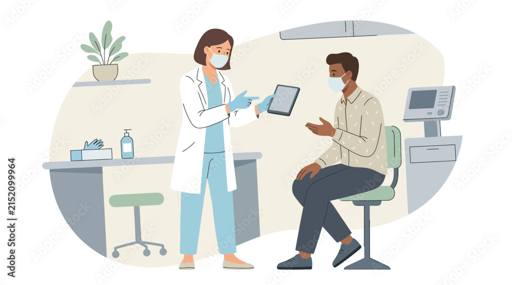 Fototapeta premium Doctor consulting patient, medical checkup with tablet, transparent background