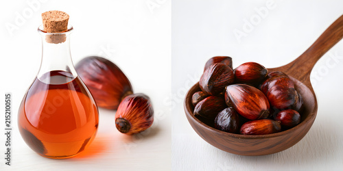 Oil palm seeds and cooking palm oil are displayed in a secluded area, emphasizing the importance of oil palms in culinary contexts and their applicability across different cooking methods.