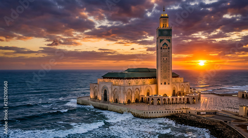 The magnificent Hassan II Mosque in Casablanca, Morocco, illuminated at sunset with dramatic skies and ocean waves.
