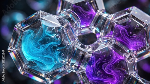 Abstract Crystal Structure with Swirling Blue and Purple Energy.