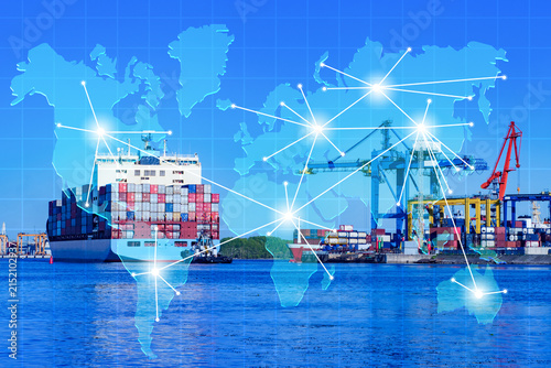 Global maritime logistics. Container ships and cargo ports connect international trade routes, supporting worldwide freight transport, shipping and supply chains.