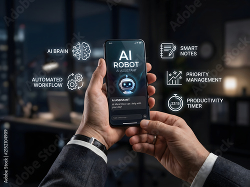 Businessman holding smartphone with AI assistant application displaying automated workflow productivity timer and priority management icons in office