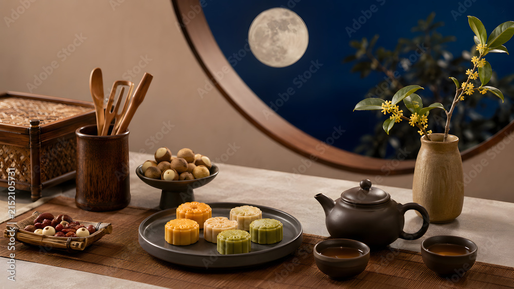 Fototapeta premium Mooncakes and Chinese Tea Under Full Moon for Mid Autumn Festival