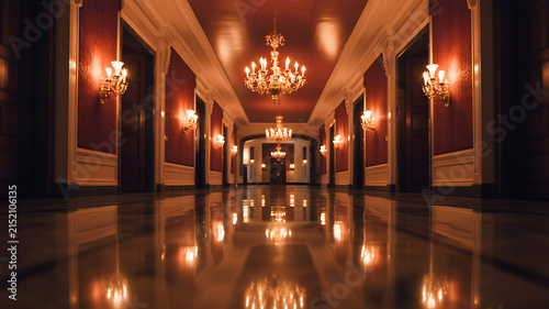 Luxury Classical Hotel Corridor with Ornate Chandeliers and Reflective Floor