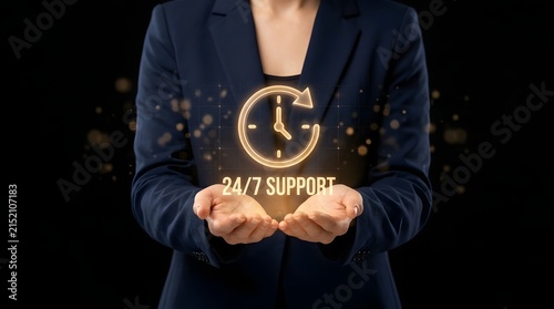 Business person holding a glowing digital clock icon representing constant availability and professional customer service support for global clients