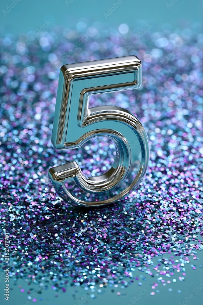 Fototapeta premium Shiny Metallic Number Five Standing Boldly Among Multicolored Sparkles On A Dark Background Setup.