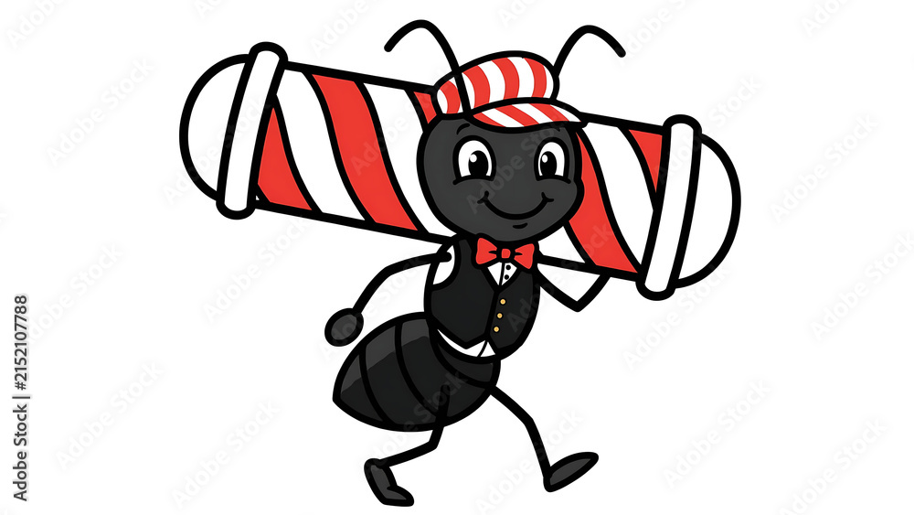 Fototapeta premium Cartoon Ant Character Wearing a Vest and Hat Carrying a Vintage Barbershop Pole Sign for Grooming Services
