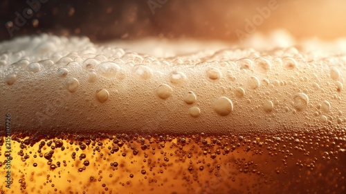 Close-up of fizzy beer bubbles forming a foam head in a golden glass with warm light reflection
