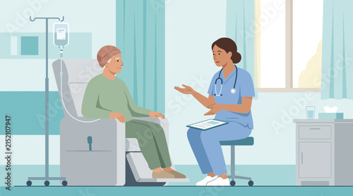 Nurse Talking to Cancer Patient Receiving Chemotherapy Treatment