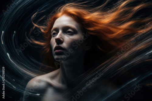 Woman with red hair faces forward, expression serene yet thoughtful. Streaks of light swirl around, creating dreamlike atmosphere. Abstract portrait evokes sense of mystery, introspection.
