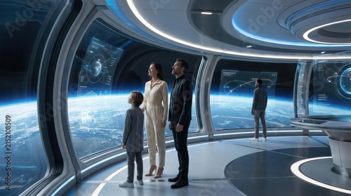 Family viewing Earth from futuristic space station window.