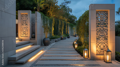 Luxury Modern Garden Pathway with Architectural Lighting and Lush Greenery