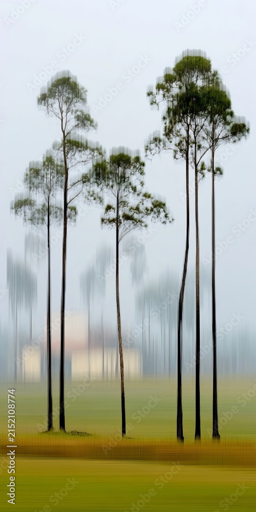 Obraz premium Lanky Trees in Dreamy Morning Mist on a Serene Abstract Golf Putting Green Field Nature Landscape