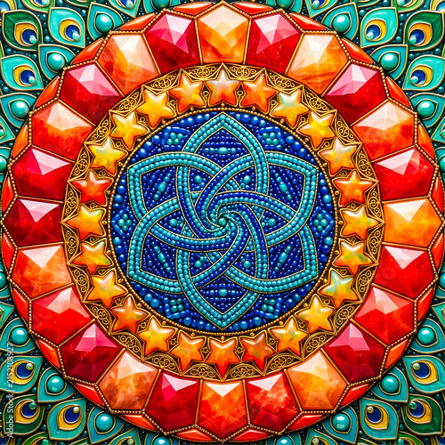 Colorful ornate mandala made of jewels and peacock feathers