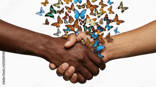 Handshake with colorful butterflies for peace concept.