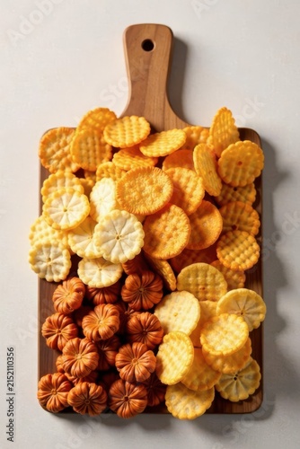 A delightful arrangement of assorted crispy crackers, presented on a wooden cutting board, showcasing a variety of shapes, textures, and autumnal hues.