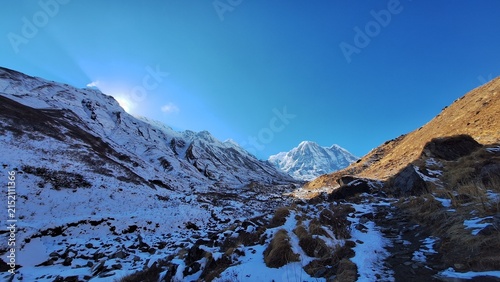 Photography snow covered mountains in winter in Nepal