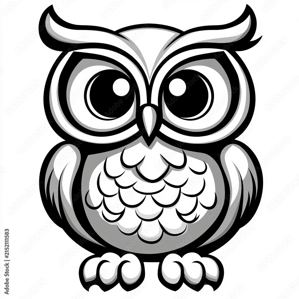 Obraz premium Sticker Design with a Cute Stylized Vector Owl Isolated on a White Background in Black and White Art