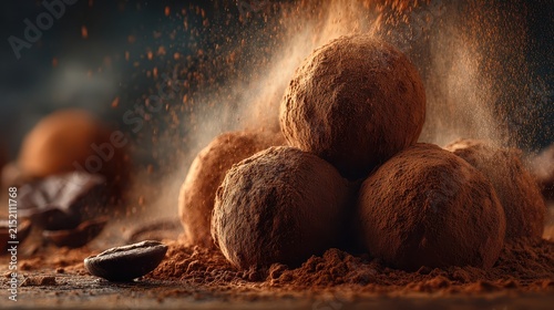 Close-up of cocoa powder and chocolate truffles with cocoa beans on dark background for baking and sweets