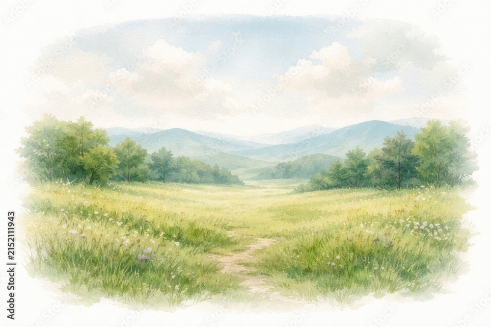 Obraz premium Serene watercolor landscape of a meadow with distant mountains.