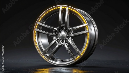Close‑up polished silver car wheel rim, five‑spoke design, glowing yellow LED edges, detailed reflections, automotive craftsmanship precision.