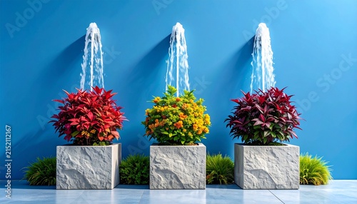 Three vertical garden fountains with cascading water, colorful plant clusters, geometric stone bases, vibrant natural contrast against bright blue background.