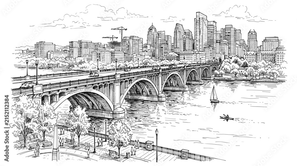 Obraz premium Hand Drawn Modern City Skyline Illustration Featuring Arched Bridge Over River, Skyscrapers, Waterfront Promenade, Boats, and Construction Cranes in Black and White Line Art Style
