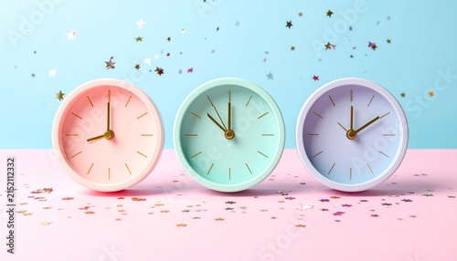 Three pastel analog clocks with gold hands, festive confetti and stars, celebratory atmosphere, symbolic representation of time and events.