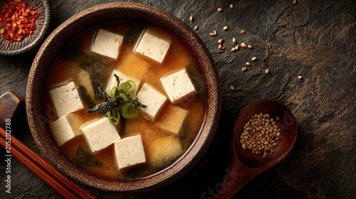 Traditional Asian tofu soup with clear broth and fresh herbs served in a rustic bowl on a dark textured surface