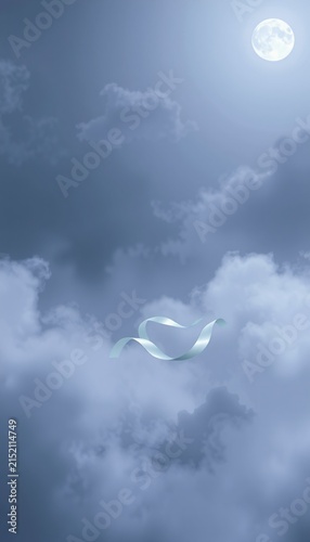 Floating ribbon amidst mystical foggy night sky