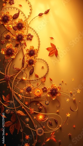 Futuristic digital floral mosaic in warm golden hues